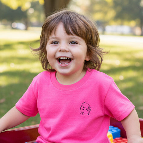 Embroidered "Hugonot" the Sheepdog on Youth Safety Pink Heavy Tee