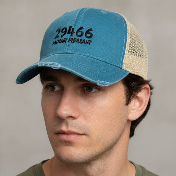 29466 embroidered on teal distressed trucker cap 