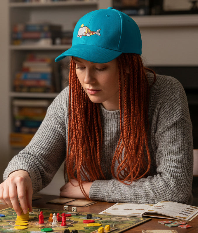 boris the whale in a sweater on a baseball hat