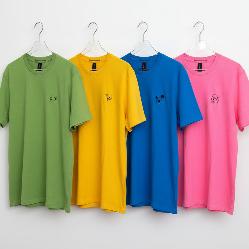 Embroidered "Hugonot" the Sheepdog on Youth Safety Pink Heavy Tee