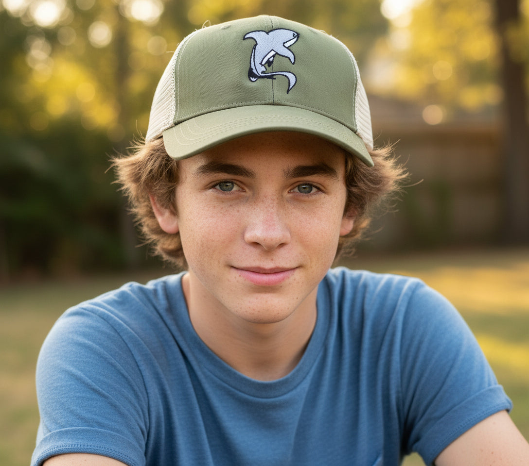 Doug thresher shark on jungle color trucker hat