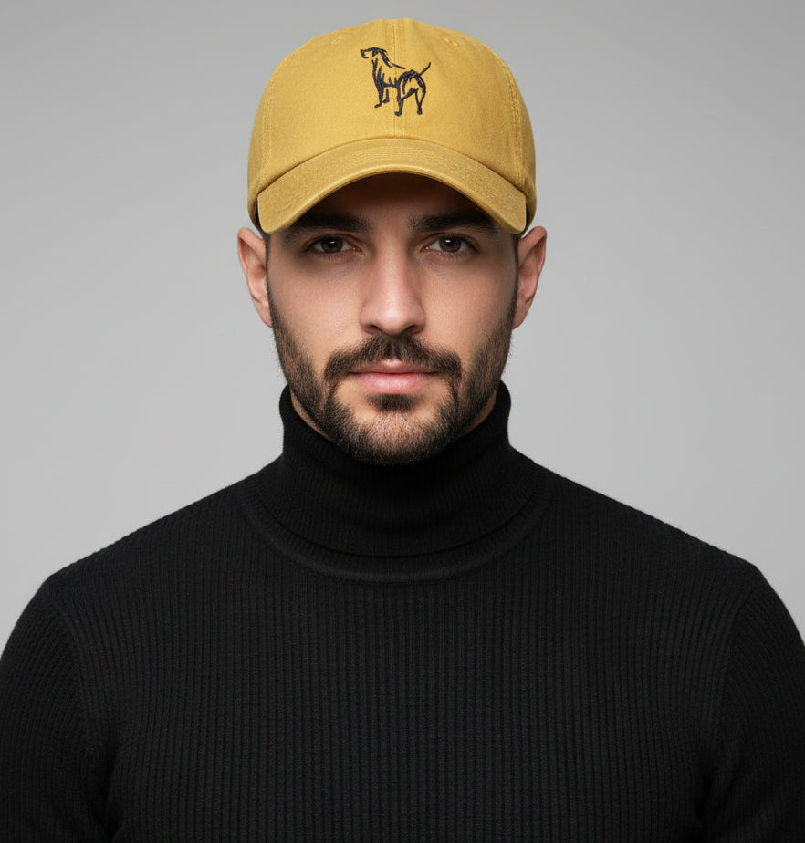 Mustard 6 panel cap with silhouette of dog embroidered in black