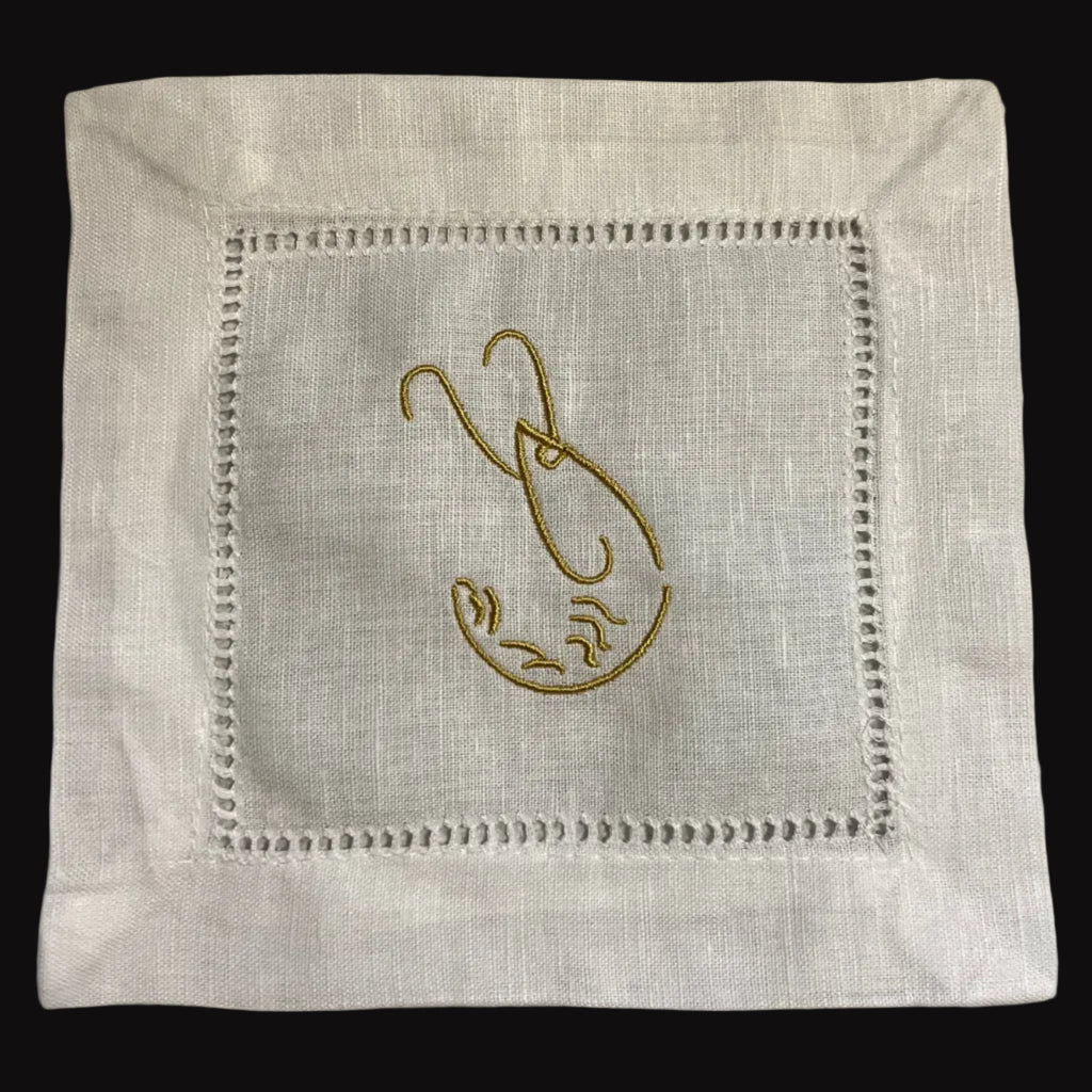 Linen Cocktail Napkins featuring Shrimp Cocktail Embroidered in Gold