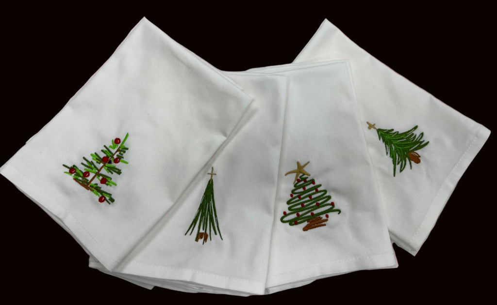 Embroidered Dinner Napkins Featuring Modern Christmas Trees