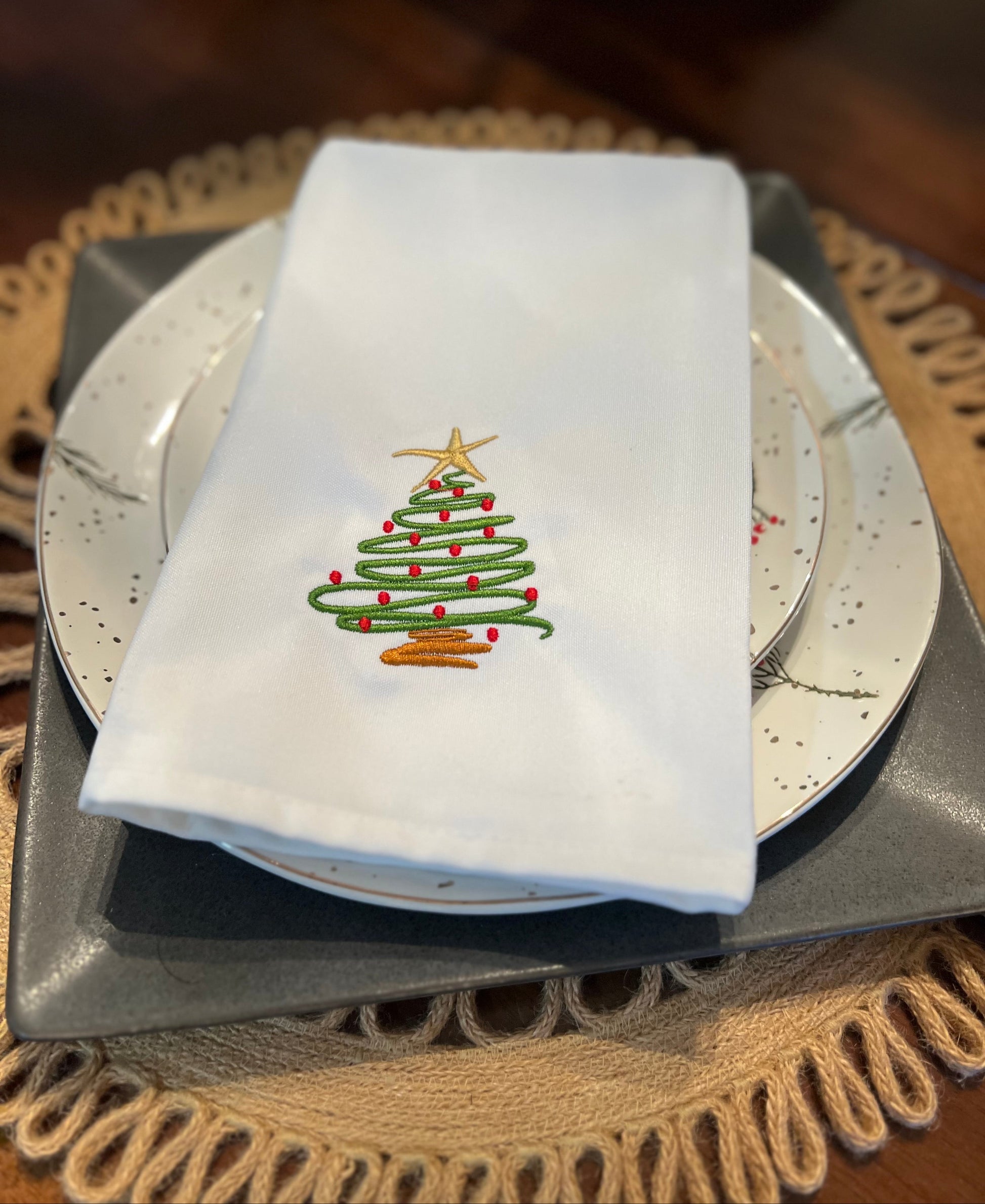 Embroidered Dinner Napkins Featuring Modern Christmas Trees