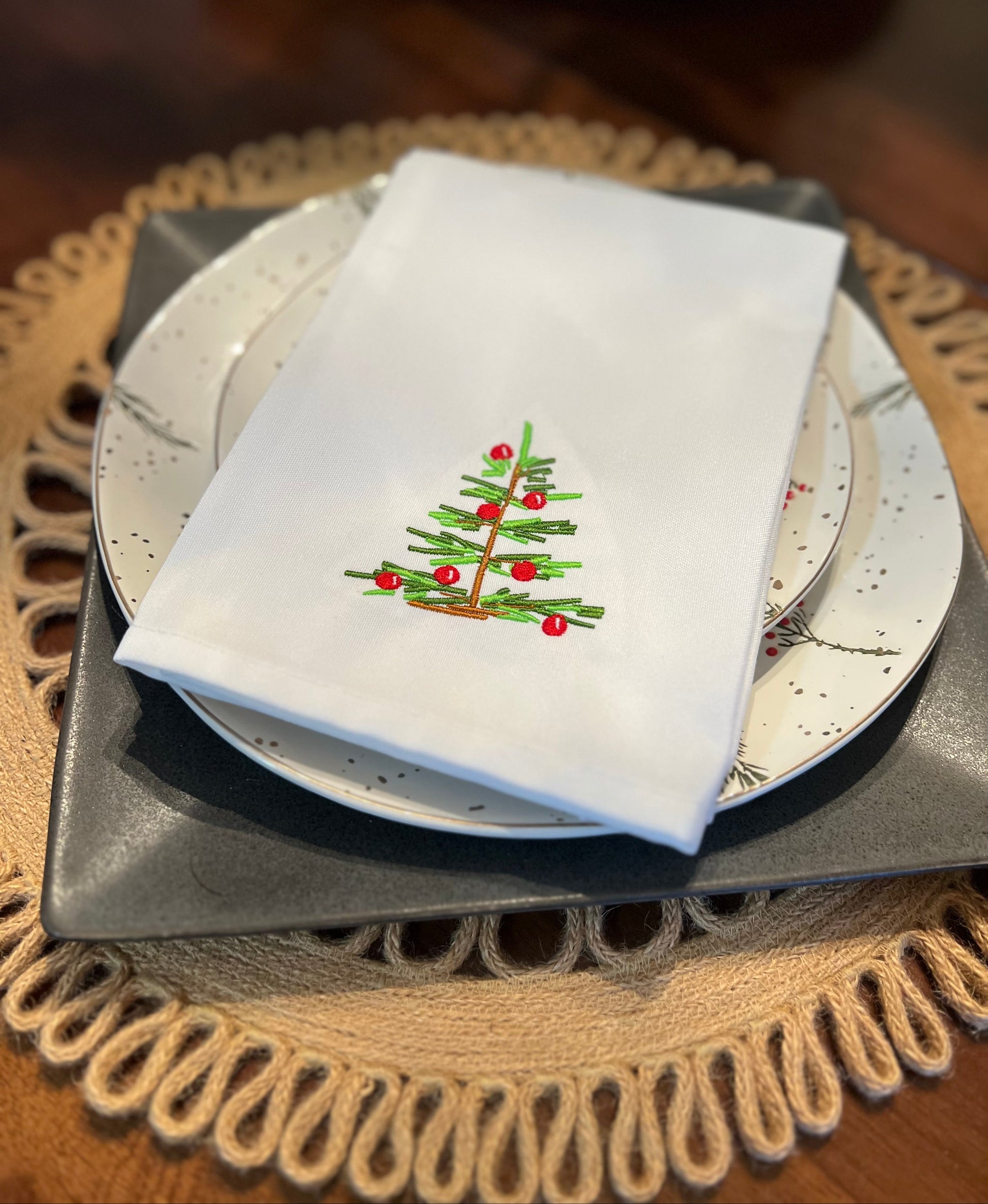 Embroidered Dinner Napkins Featuring Modern Christmas Trees