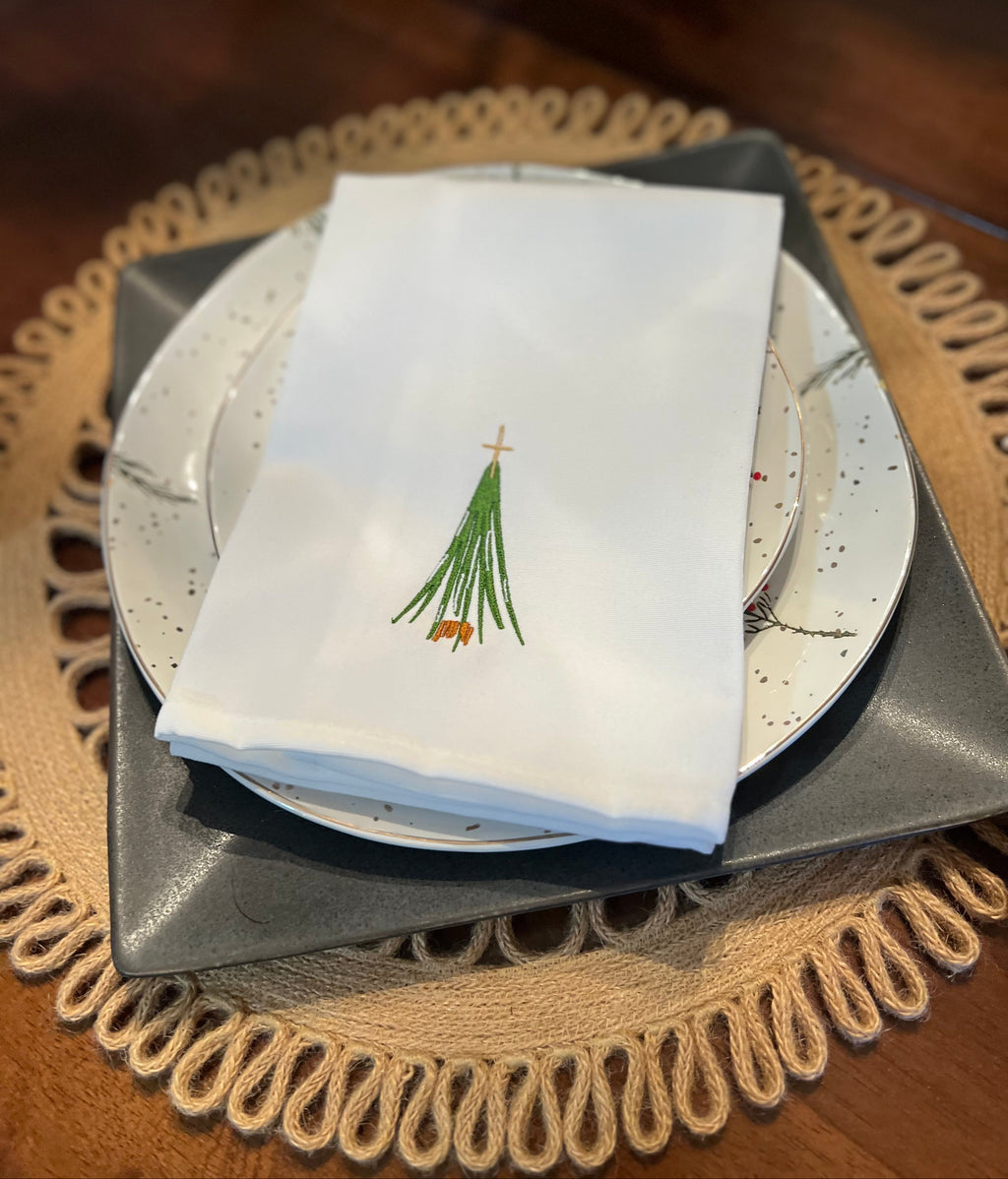 Embroidered Dinner Napkins Featuring Modern Christmas Trees