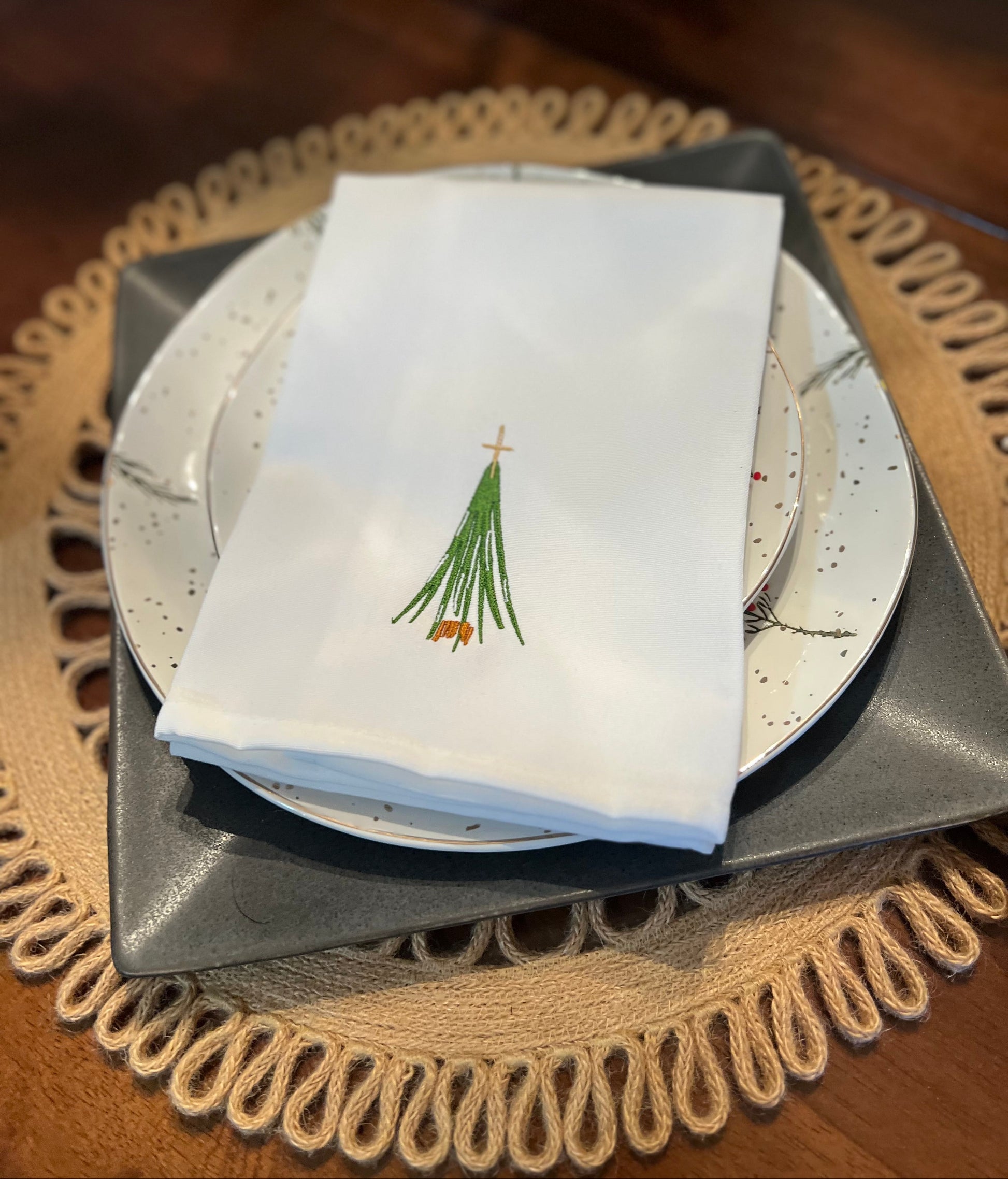 Embroidered Dinner Napkins Featuring Modern Christmas Trees