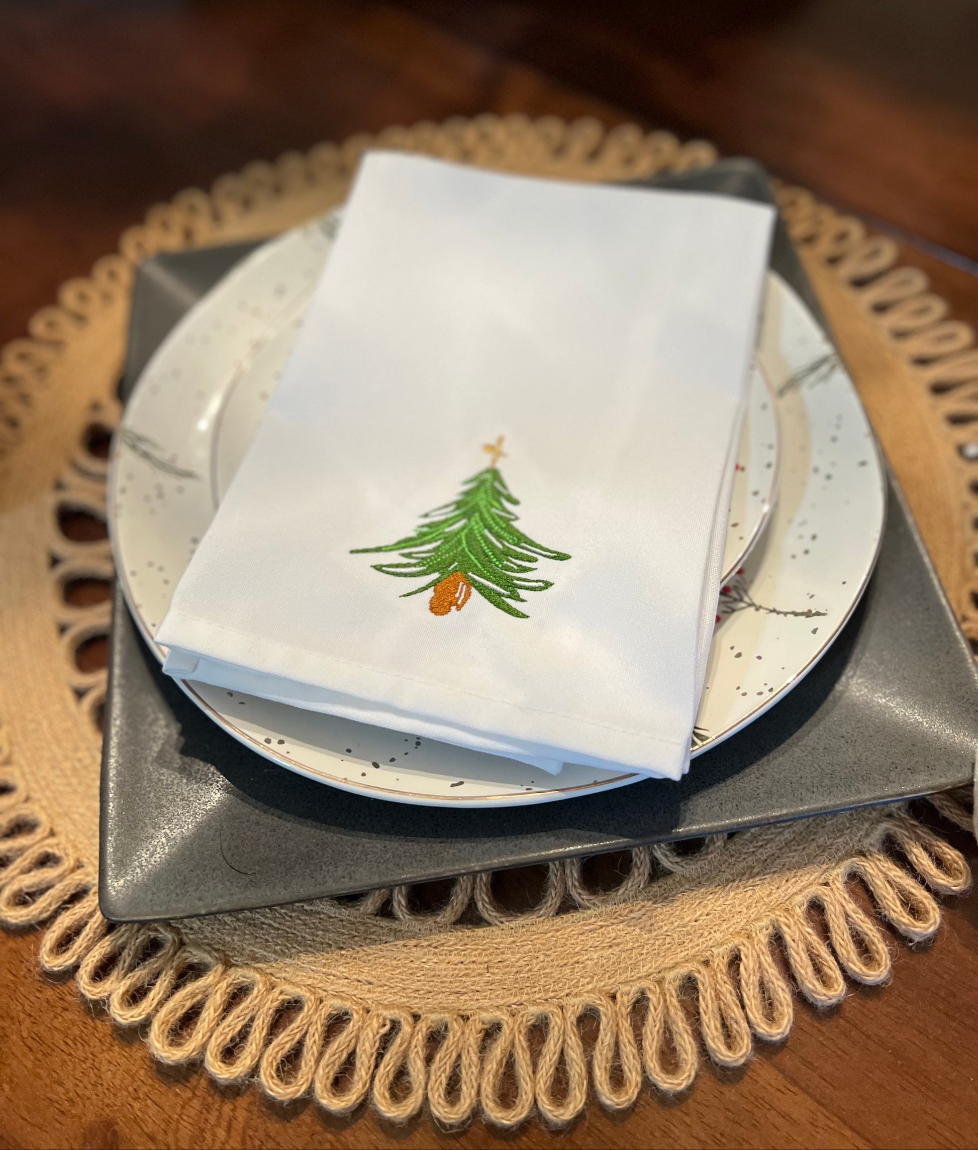Embroidered Dinner Napkins Featuring Modern Christmas Trees