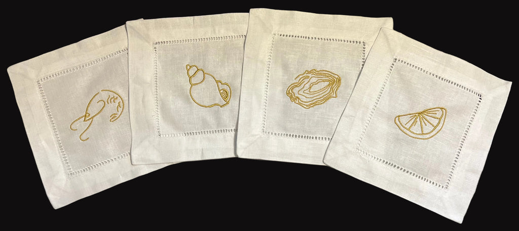 Linen Cocktail Napkins featuring Shrimp Cocktail Embroidered in Gold