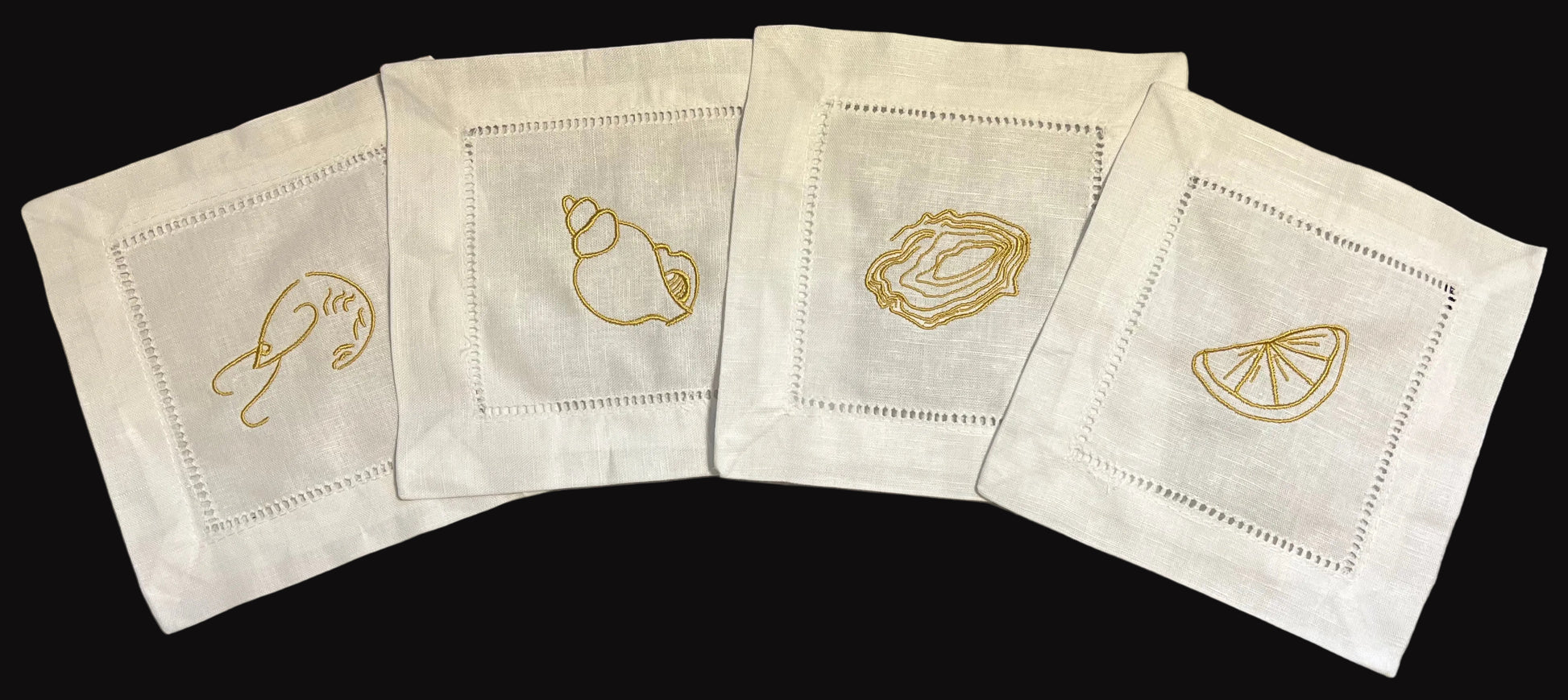 Linen Cocktail Napkins featuring Shrimp Cocktail Embroidered in Gold