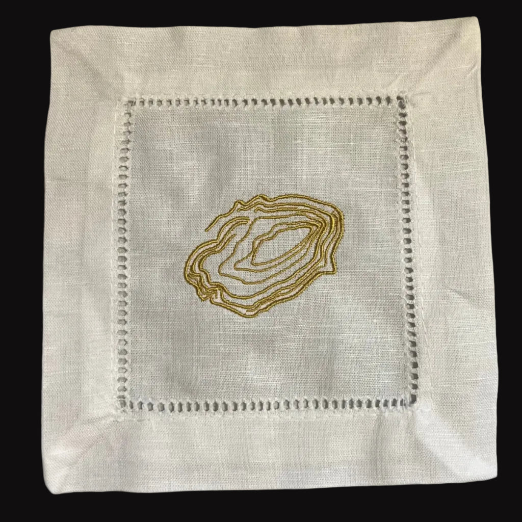 Linen Cocktail Napkins featuring Shrimp Cocktail Embroidered in Gold