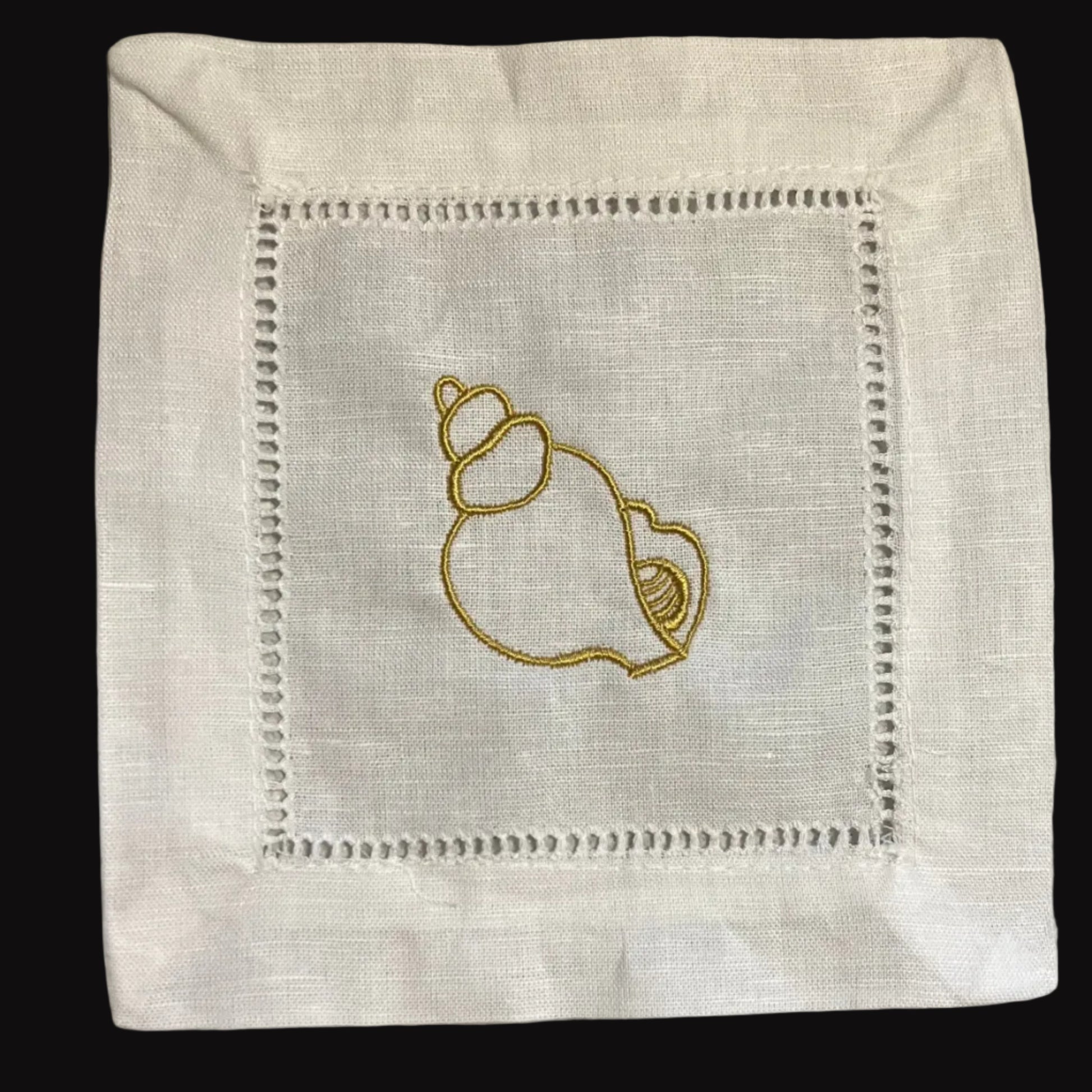 Linen Cocktail Napkins featuring Shrimp Cocktail Embroidered in Gold