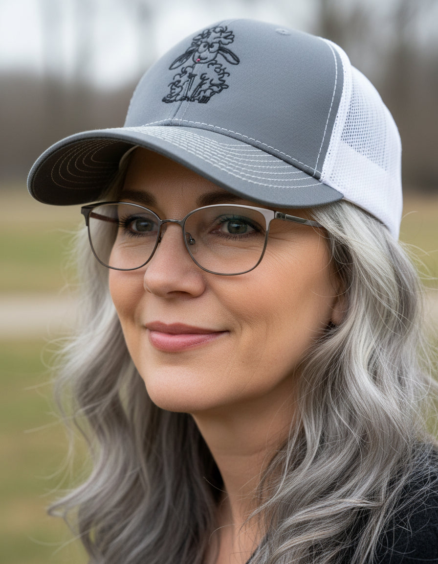 Moped lamb on 6 panel grey and white trucker hat