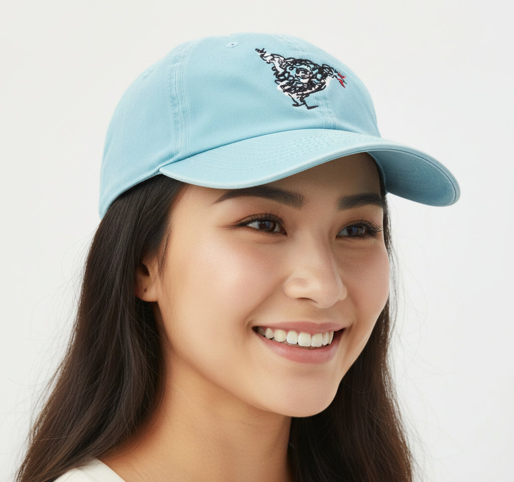 black chicken embroidered on columbia blue hat