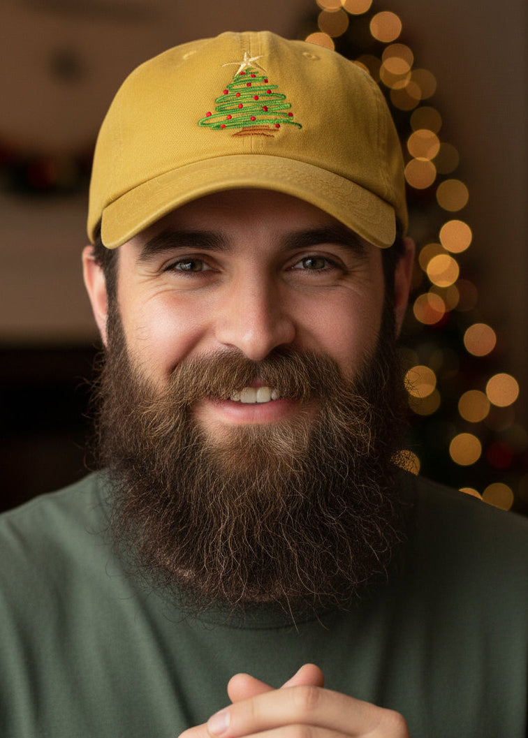 christmas tree embroidered on yellow hat