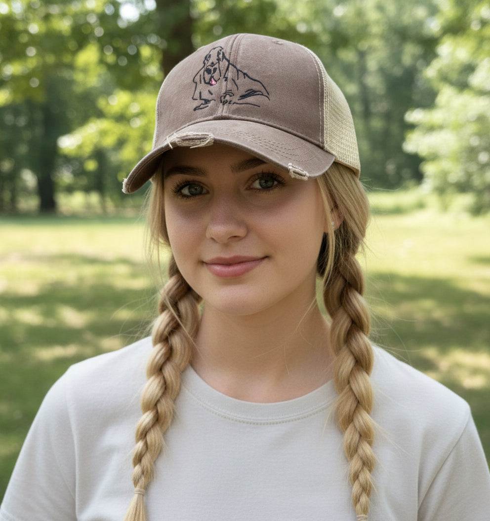 duncan basset hound on distressed 
brown trucker hat