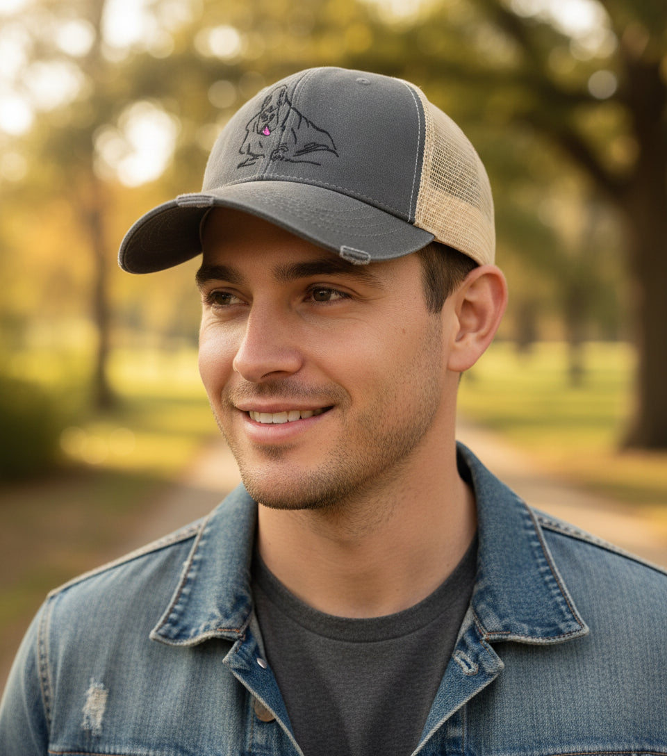 embroidered duncan basset on grey trucker hat