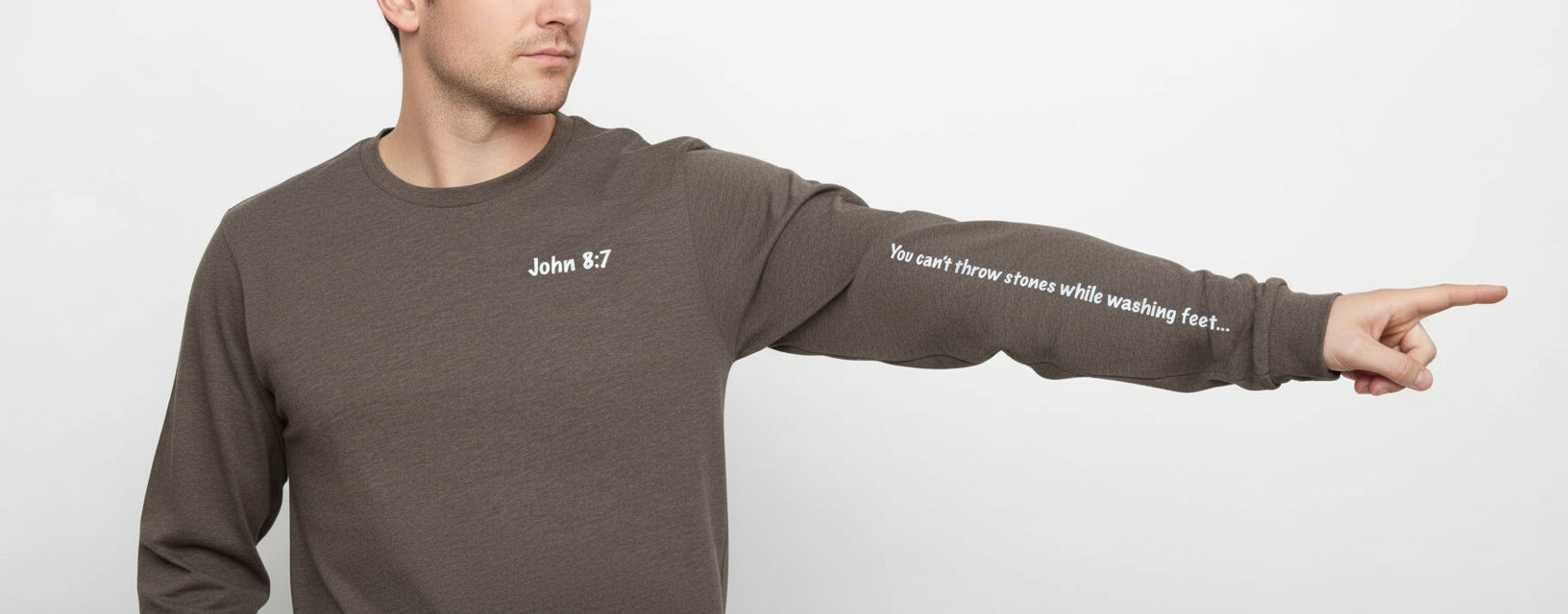john 8:7 long sleeve heather brown tee