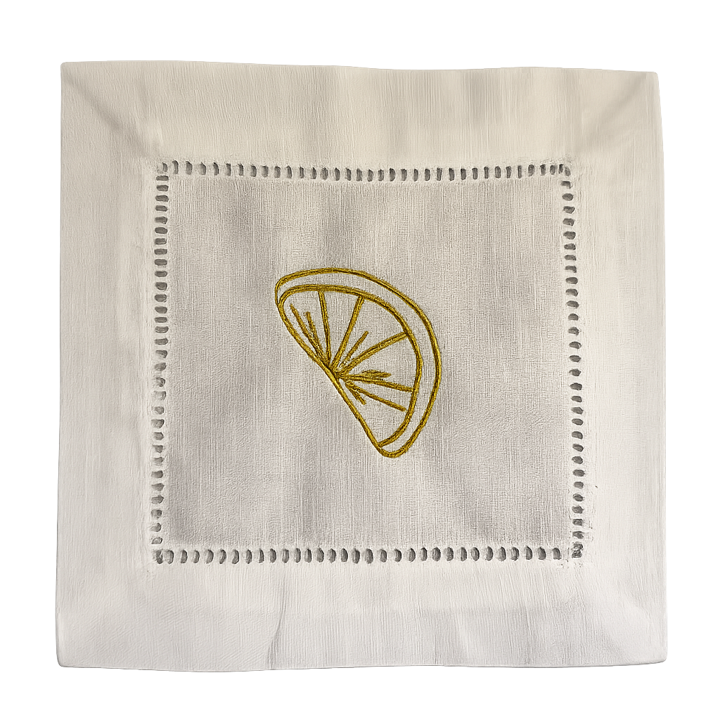 Linen Cocktail Napkins featuring Shrimp Cocktail Embroidered in Gold