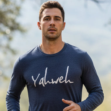 long sleeve tee shirt in heather navy with white yahweh