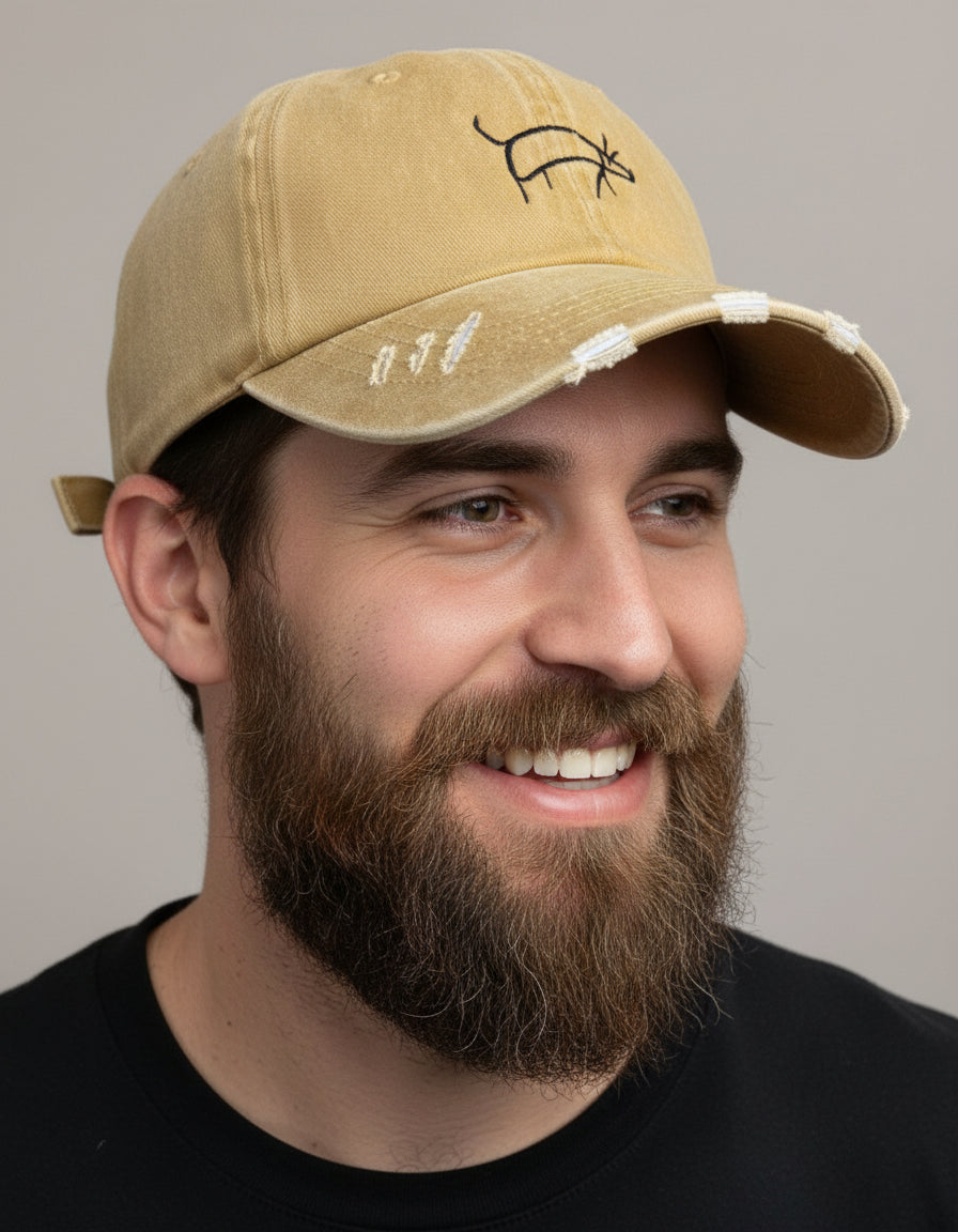mike on distressed 6 panel mustard cap