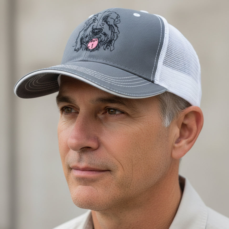 pickle on grey sandwich brim trucker hat