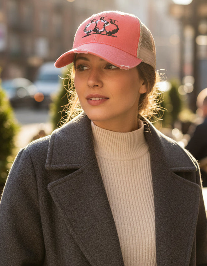 three sheep embroidered on distressed pink hat